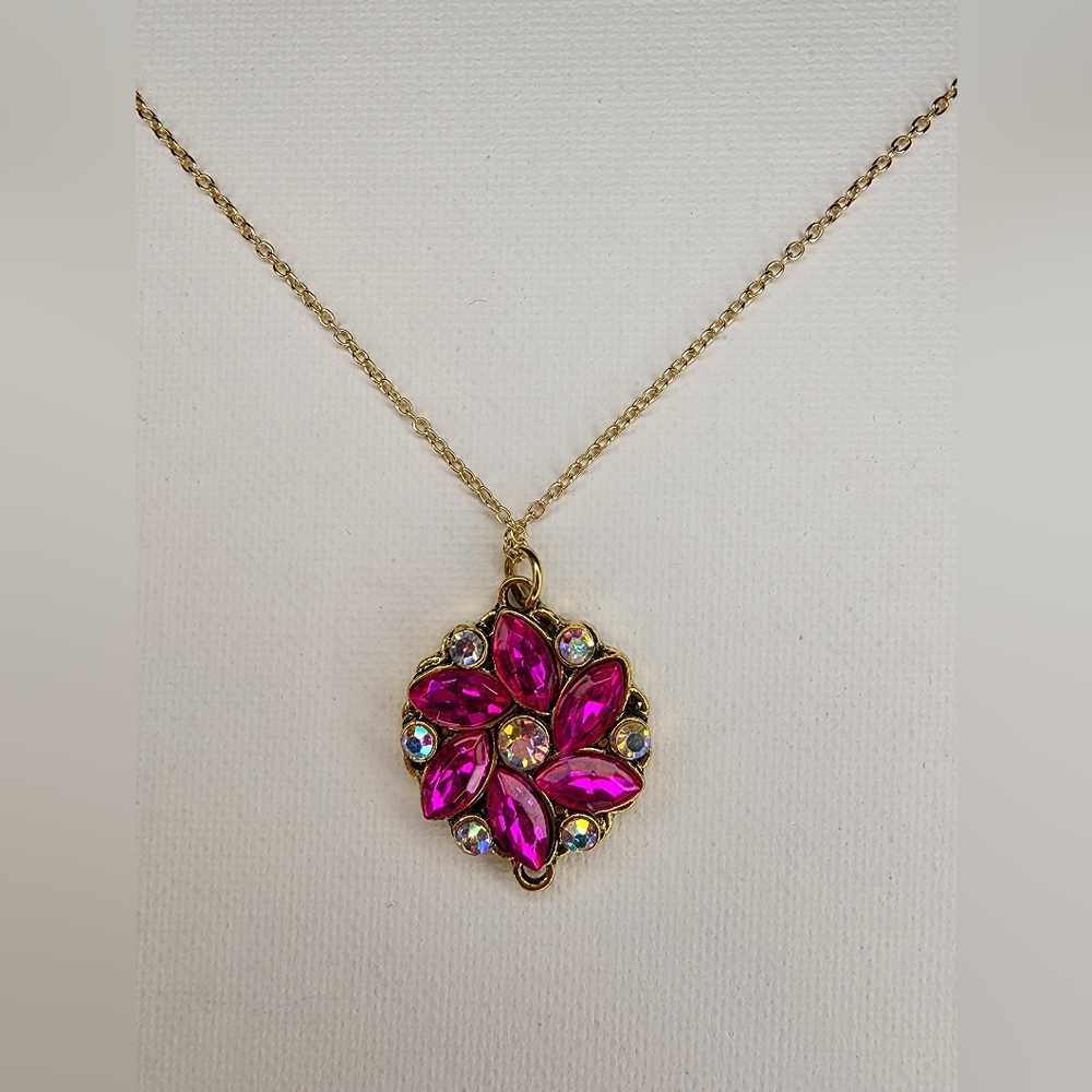 Hot Pink Crystal on dainty gold chain necklace